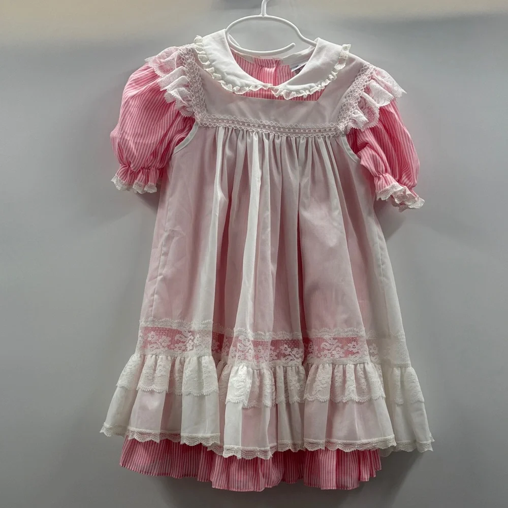 Bryan Little Girls Vintage Pink and White Lace Dress Size 4 - Picture 1 of 7